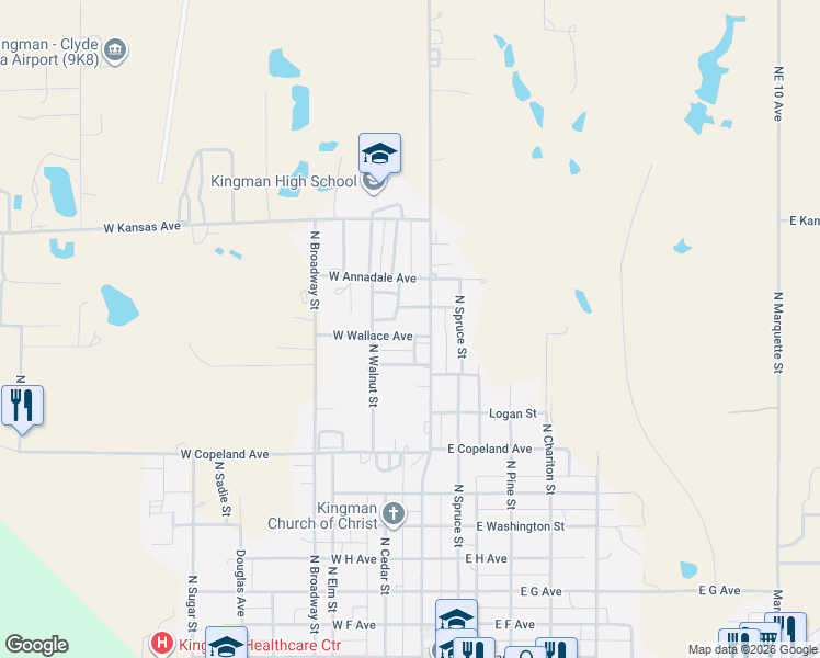 map of restaurants, bars, coffee shops, grocery stores, and more near 146 West Wallace Avenue in Kingman
