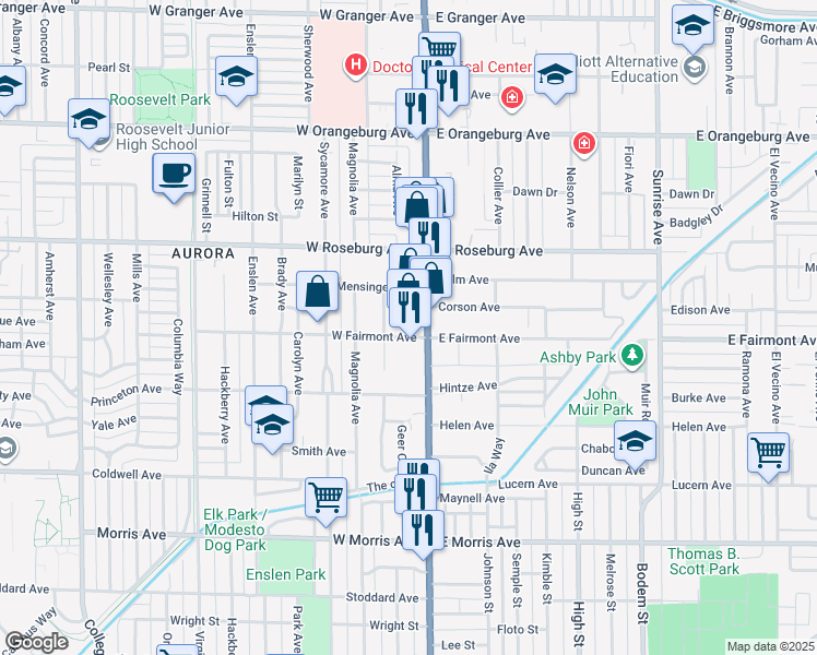 map of restaurants, bars, coffee shops, grocery stores, and more near 1009 McHenry Avenue in Modesto