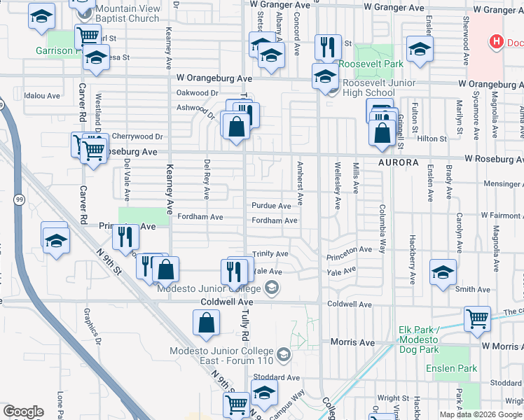 map of restaurants, bars, coffee shops, grocery stores, and more near 1230 Purdue Avenue in Modesto