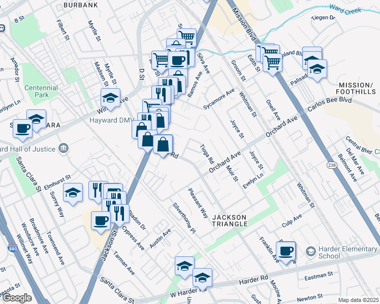 map of restaurants, bars, coffee shops, grocery stores, and more near 24659 Lyell Way in Hayward