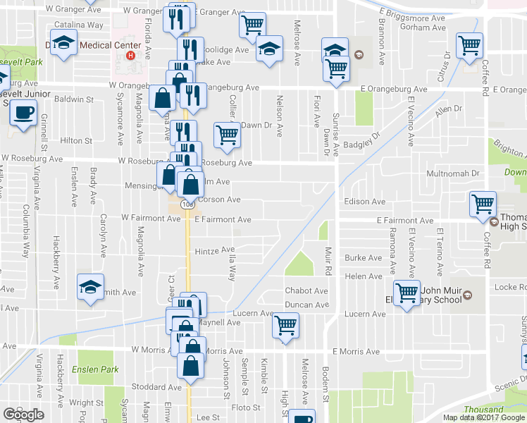map of restaurants, bars, coffee shops, grocery stores, and more near 1014 Kimble Street in Modesto