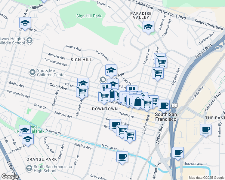 map of restaurants, bars, coffee shops, grocery stores, and more near 404 Spruce Avenue in South San Francisco