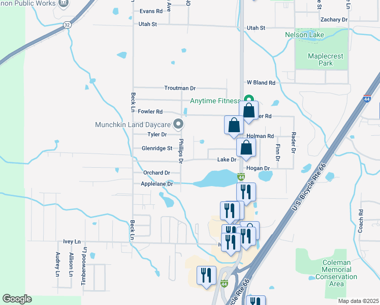 map of restaurants, bars, coffee shops, grocery stores, and more near 1883 Jaden Drive in Lebanon