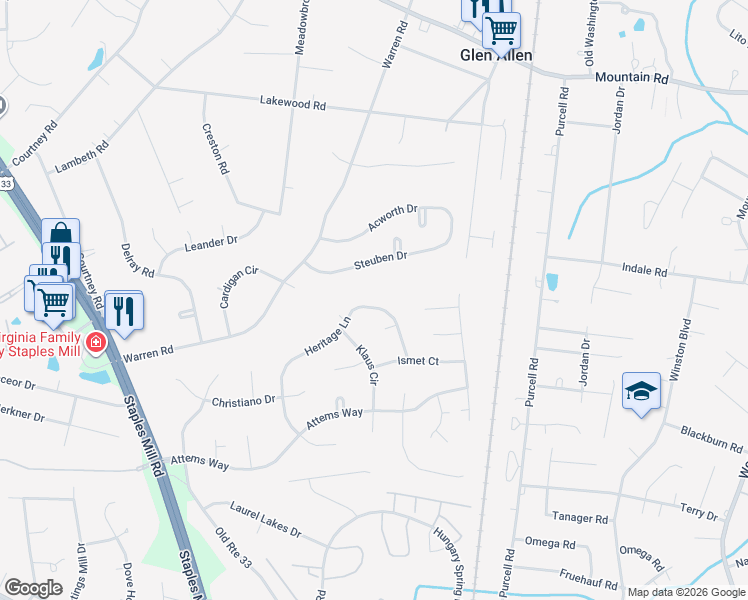 map of restaurants, bars, coffee shops, grocery stores, and more near 10216 Heritage Lane in Glen Allen