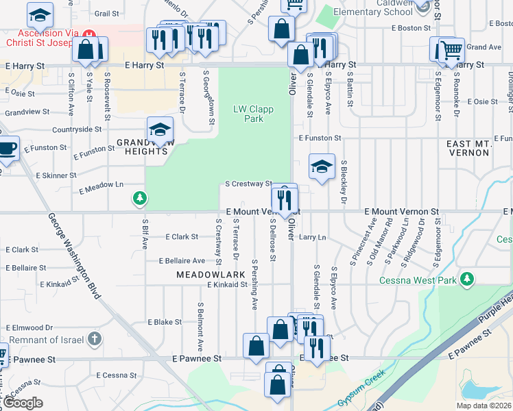 map of restaurants, bars, coffee shops, grocery stores, and more near 4630 East Mount Vernon Street in Wichita