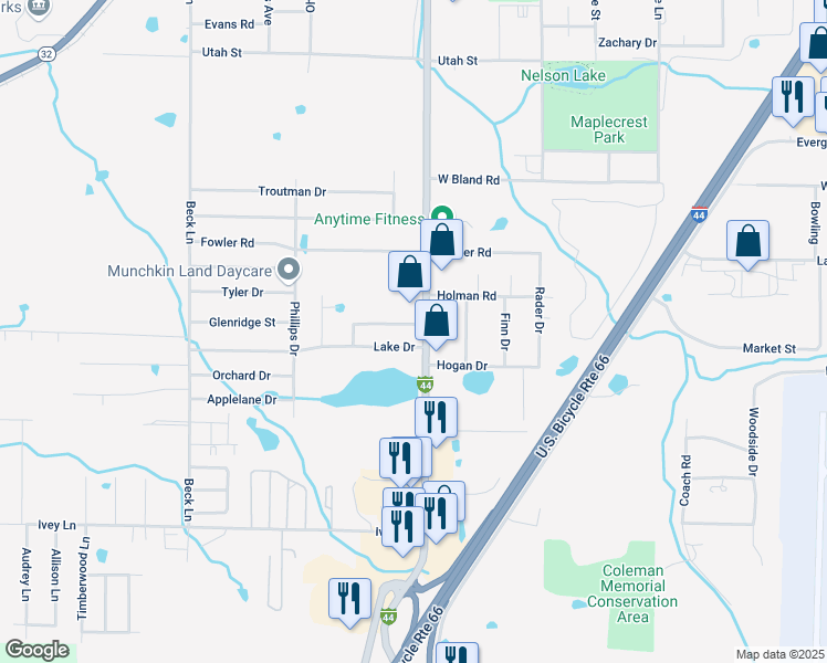 map of restaurants, bars, coffee shops, grocery stores, and more near 1515 West Elm Street in Lebanon
