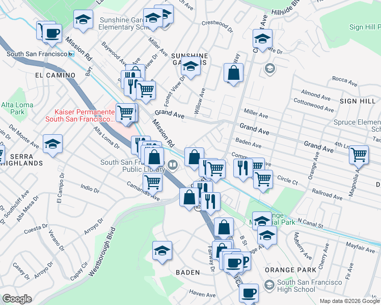 map of restaurants, bars, coffee shops, grocery stores, and more near 952 Mission Road in South San Francisco