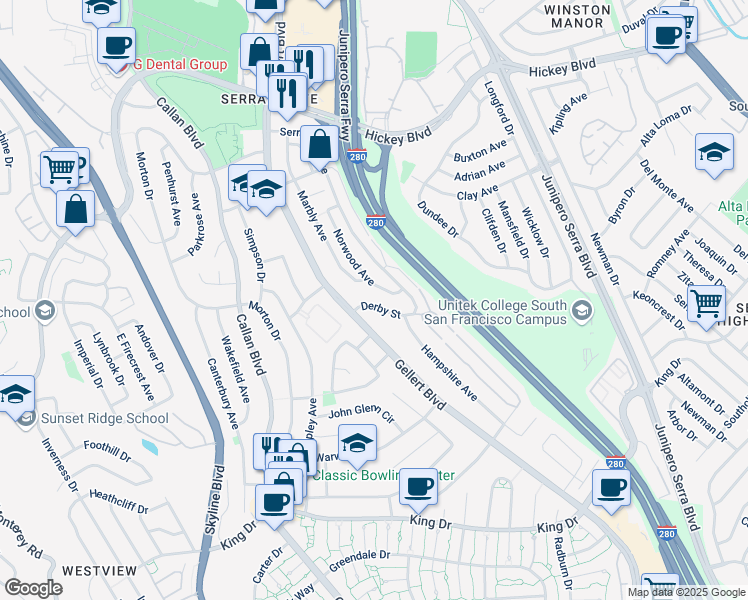 map of restaurants, bars, coffee shops, grocery stores, and more near 62 Derby Street in Daly City