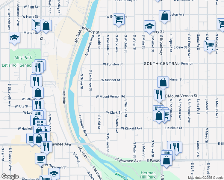 map of restaurants, bars, coffee shops, grocery stores, and more near 1936 South Palisade Street in Wichita