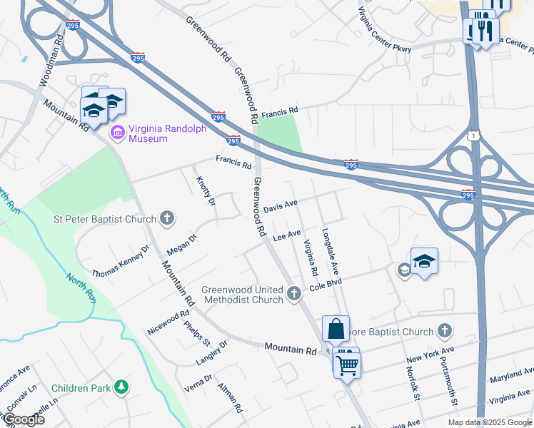 map of restaurants, bars, coffee shops, grocery stores, and more near 1635 Davis Avenue in Glen Allen