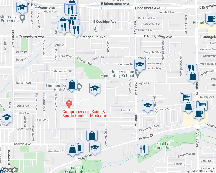 map of restaurants, bars, coffee shops, grocery stores, and more near 1505 Wylie Drive in Modesto