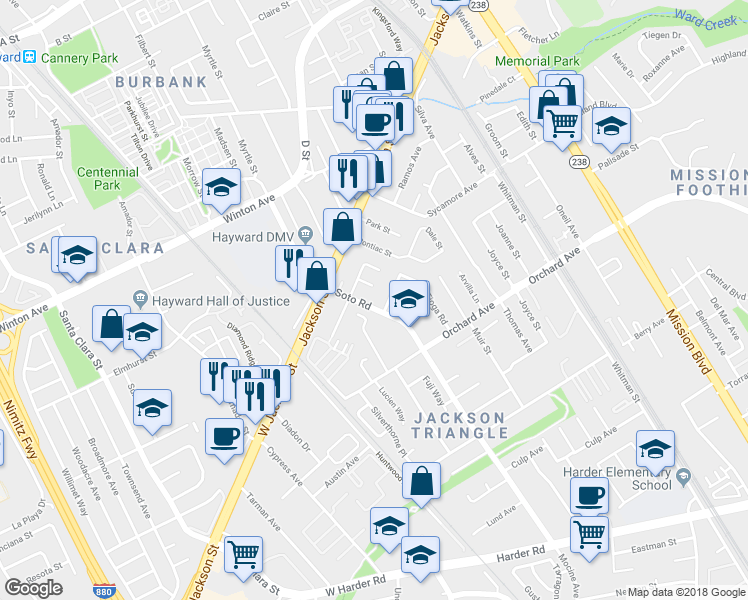 map of restaurants, bars, coffee shops, grocery stores, and more near 24630 Soto Road in Hayward