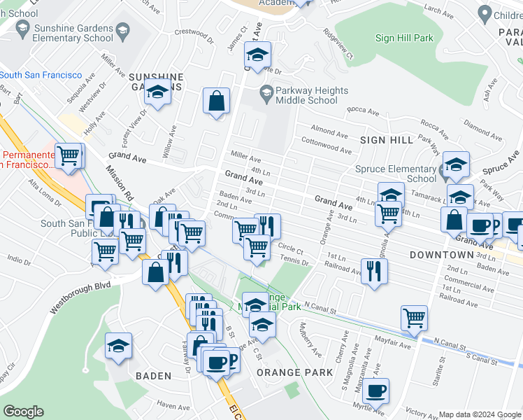 map of restaurants, bars, coffee shops, grocery stores, and more near 112 Eucalyptus Avenue in South San Francisco