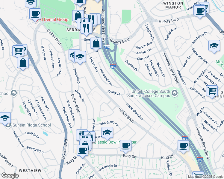 map of restaurants, bars, coffee shops, grocery stores, and more near 62 Derby Street in Daly City