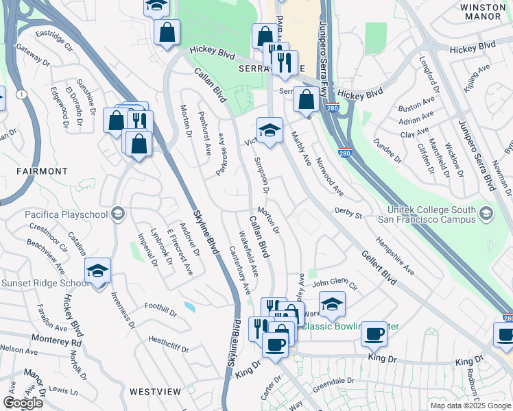 map of restaurants, bars, coffee shops, grocery stores, and more near 4301 Callan Boulevard in Daly City