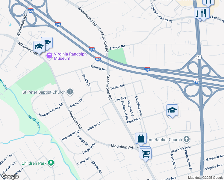 map of restaurants, bars, coffee shops, grocery stores, and more near 1635 Davis Avenue in Glen Allen