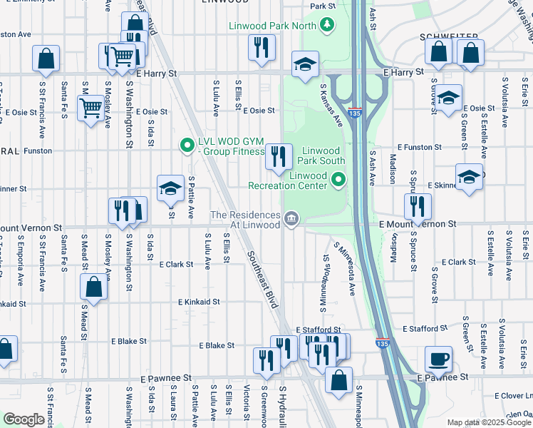 map of restaurants, bars, coffee shops, grocery stores, and more near 1953 Greenwood in Wichita