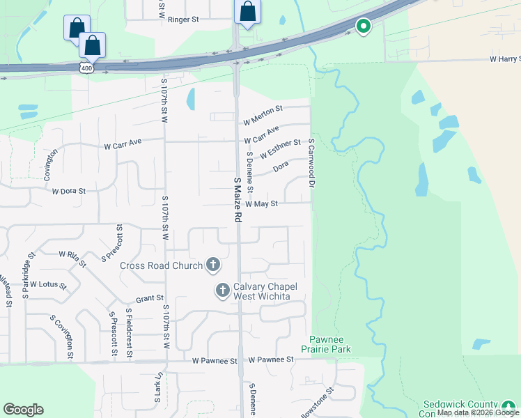 map of restaurants, bars, coffee shops, grocery stores, and more near 10305 West May Street in Wichita