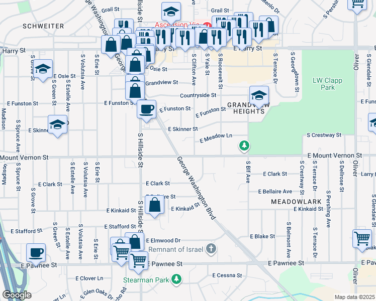 map of restaurants, bars, coffee shops, grocery stores, and more near 3504 East Mount Vernon Street in Wichita