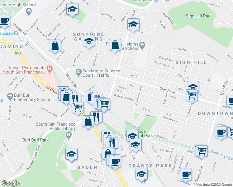 map of restaurants, bars, coffee shops, grocery stores, and more near 866 Commercial Avenue in South San Francisco