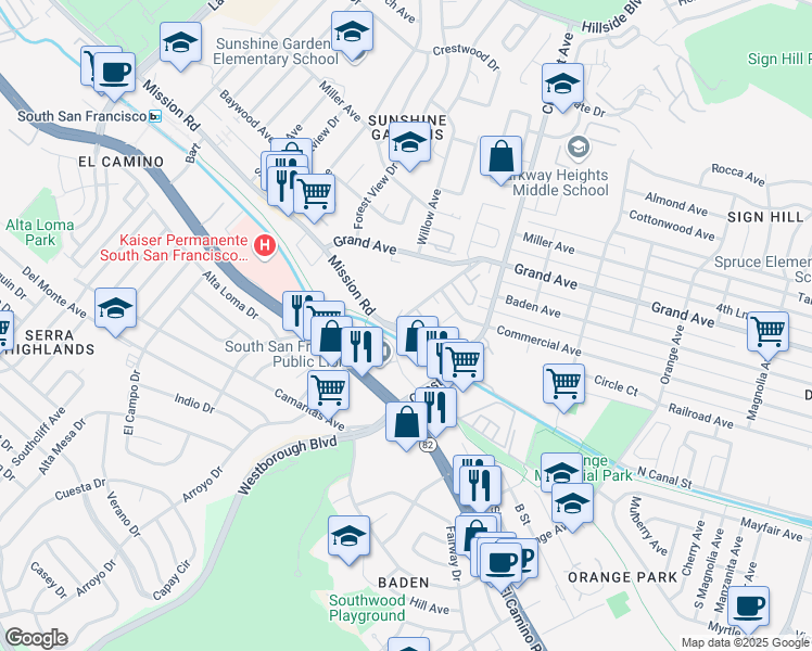 map of restaurants, bars, coffee shops, grocery stores, and more near 954 Mission Road in South San Francisco