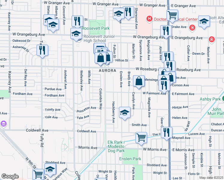 map of restaurants, bars, coffee shops, grocery stores, and more near 1001 Hackberry Avenue in Modesto