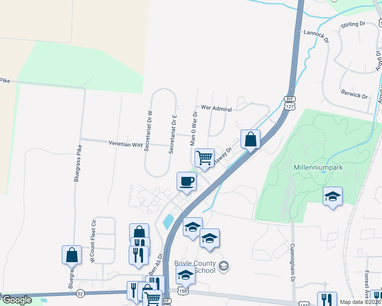map of restaurants, bars, coffee shops, grocery stores, and more near 190 Man O War Dr in Danville