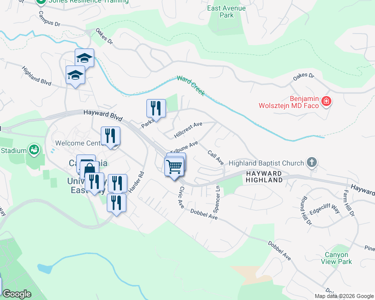 map of restaurants, bars, coffee shops, grocery stores, and more near 2707 Tribune Avenue in Hayward