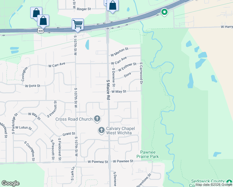 map of restaurants, bars, coffee shops, grocery stores, and more near 10305 West May Street in Wichita