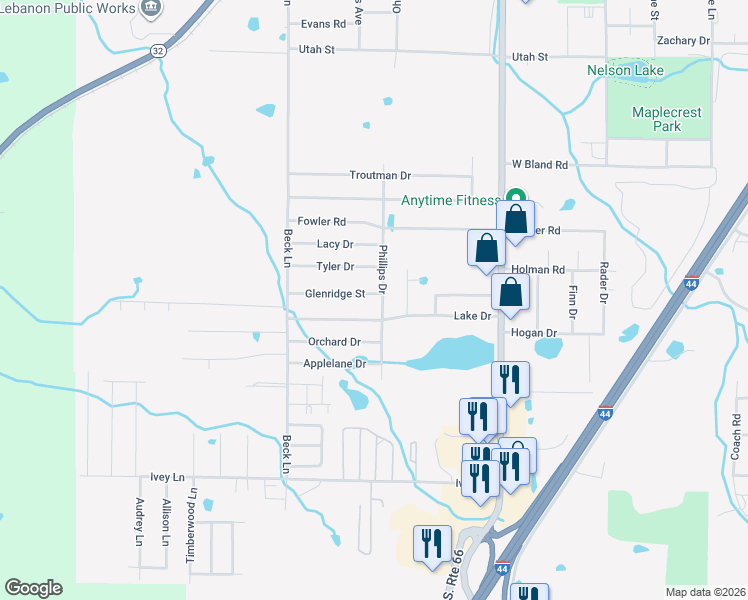 map of restaurants, bars, coffee shops, grocery stores, and more near 1112 Glenridge Street in Lebanon