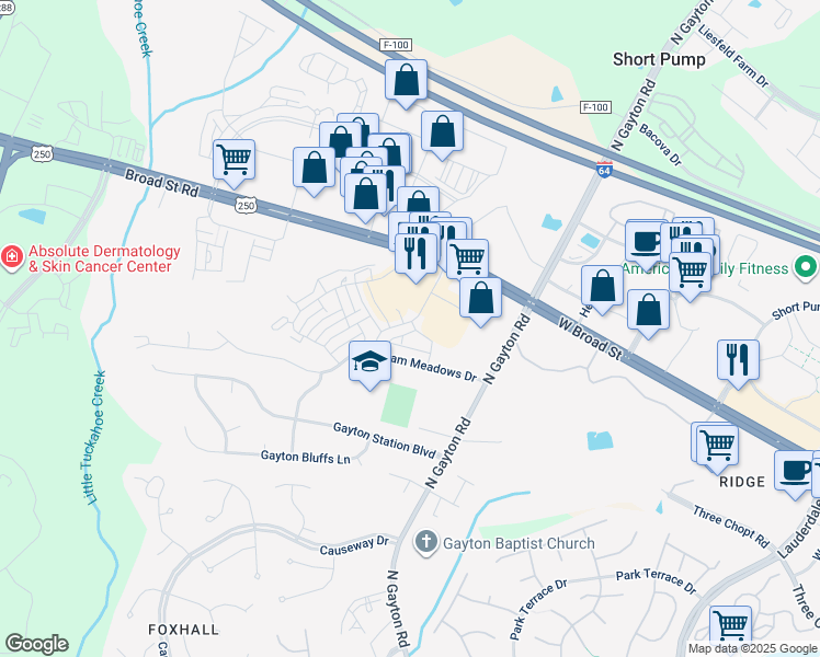 map of restaurants, bars, coffee shops, grocery stores, and more near 3340 Haydenpark Lane in Henrico
