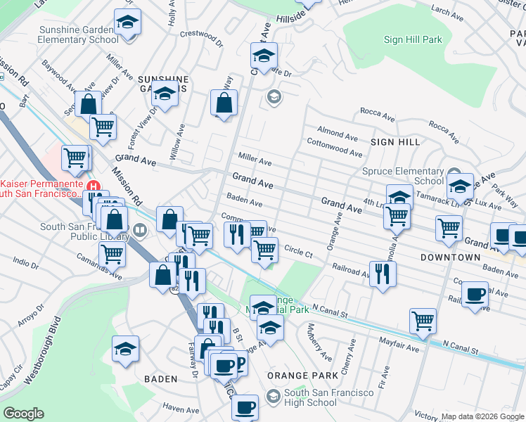 map of restaurants, bars, coffee shops, grocery stores, and more near 831 2nd Lane in South San Francisco