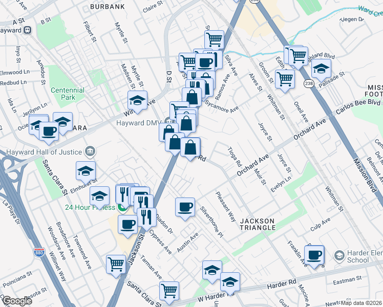 map of restaurants, bars, coffee shops, grocery stores, and more near Soto Rd & Traynor St in Hayward