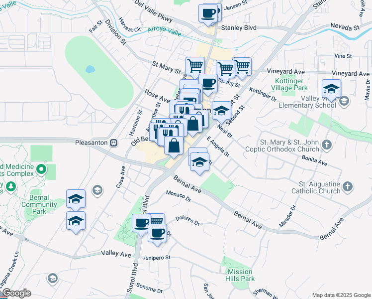 map of restaurants, bars, coffee shops, grocery stores, and more near 4713 First Street in Pleasanton