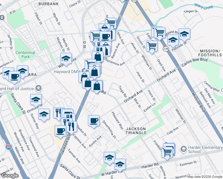 map of restaurants, bars, coffee shops, grocery stores, and more near 237 Langley Way in Hayward