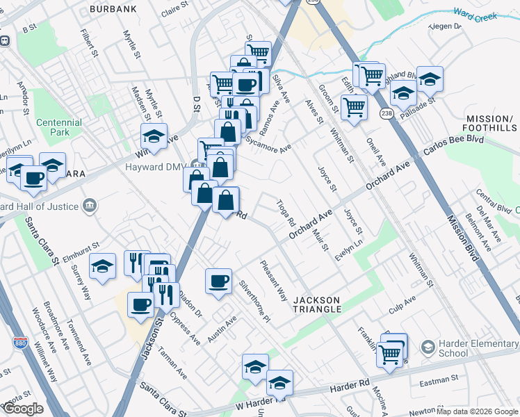 map of restaurants, bars, coffee shops, grocery stores, and more near 237 Langley Way in Hayward