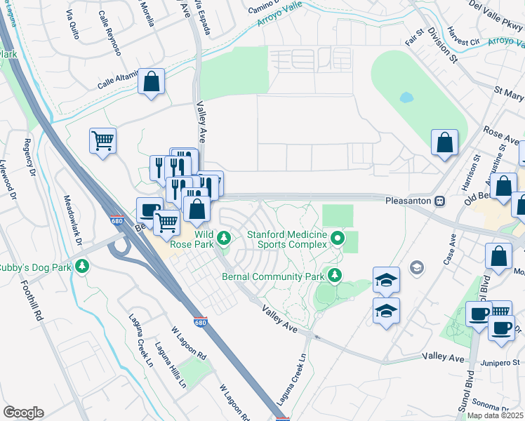 map of restaurants, bars, coffee shops, grocery stores, and more near 1600 Oak Vista Way in Pleasanton