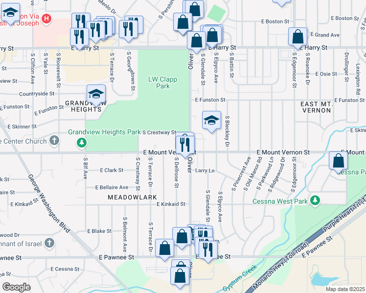 map of restaurants, bars, coffee shops, grocery stores, and more near 1942 South Dellrose Street in Wichita