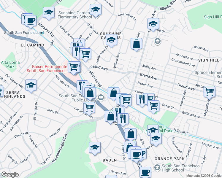 map of restaurants, bars, coffee shops, grocery stores, and more near 952 Mission Road in South San Francisco
