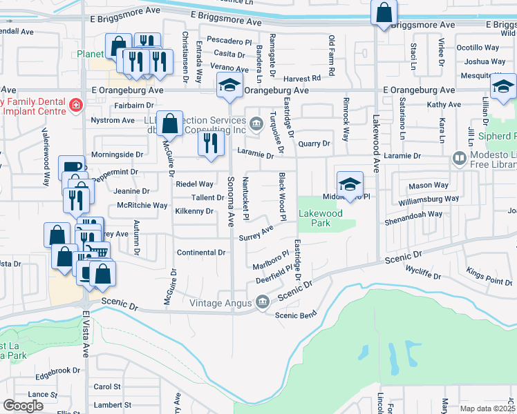 map of restaurants, bars, coffee shops, grocery stores, and more near 2621 Fairhaven Place in Modesto
