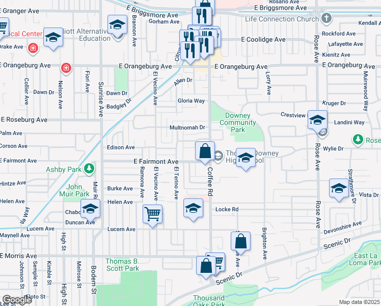 map of restaurants, bars, coffee shops, grocery stores, and more near 1129 East Fairmont Avenue in Modesto
