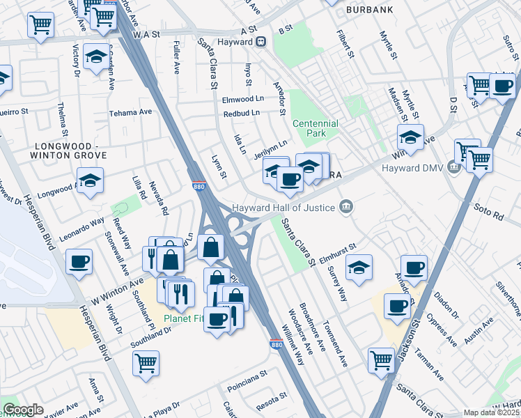map of restaurants, bars, coffee shops, grocery stores, and more near 424 Craven Court in Hayward