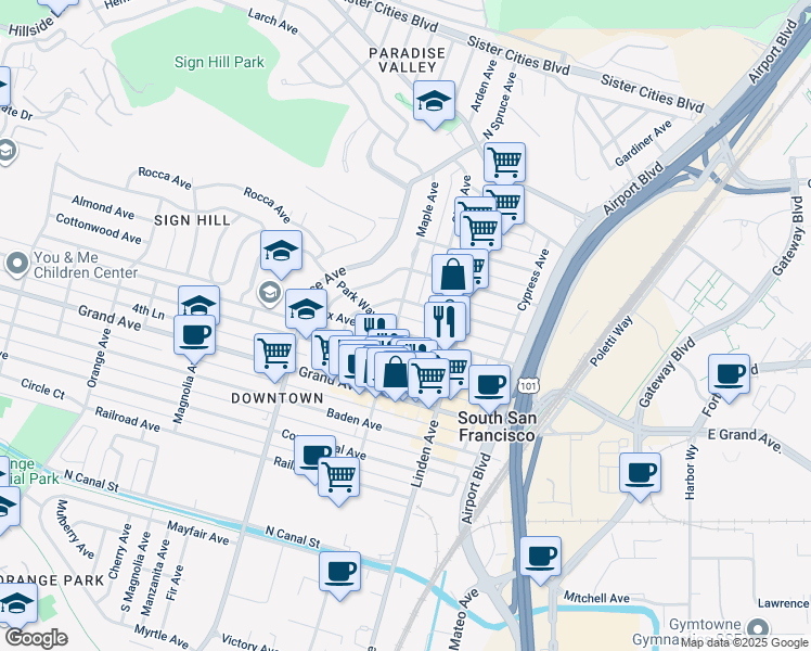 map of restaurants, bars, coffee shops, grocery stores, and more near 419 Maple Avenue in South San Francisco