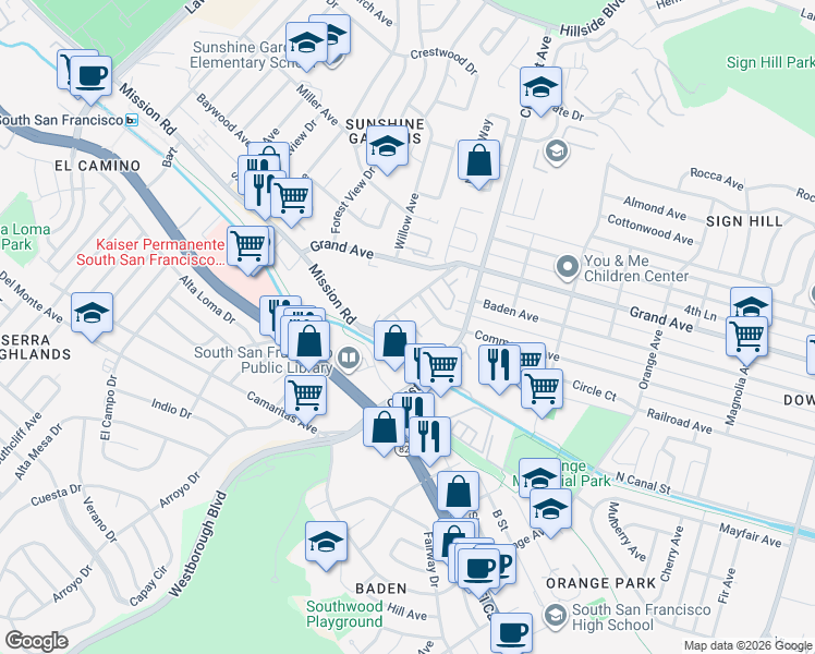 map of restaurants, bars, coffee shops, grocery stores, and more near 930 Mission Road in South San Francisco