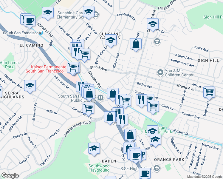 map of restaurants, bars, coffee shops, grocery stores, and more near 954 Mission Road in South San Francisco
