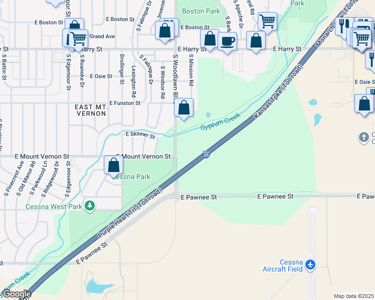 map of restaurants, bars, coffee shops, grocery stores, and more near 1940 South Woodlawn Boulevard in Wichita