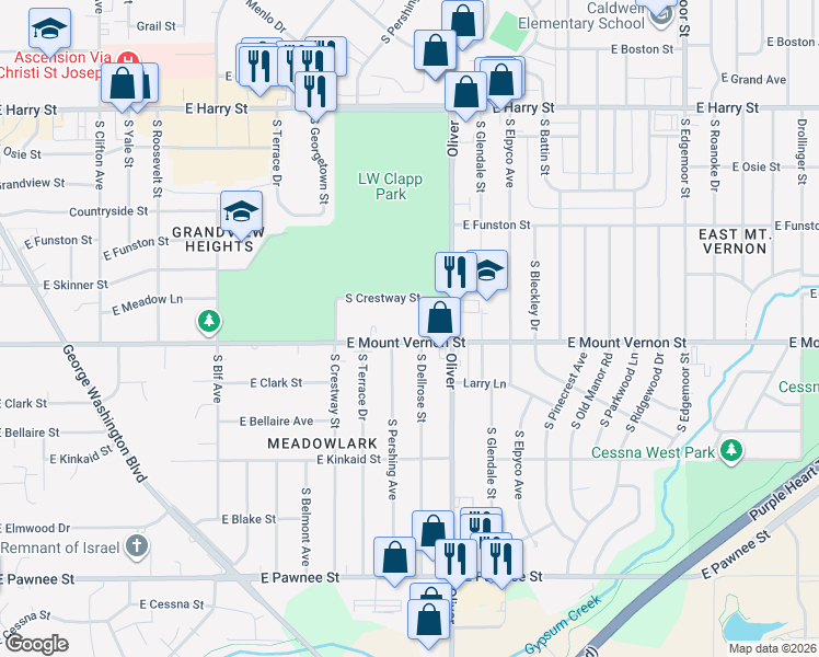 map of restaurants, bars, coffee shops, grocery stores, and more near 4630 E Mt Vernon St in Wichita