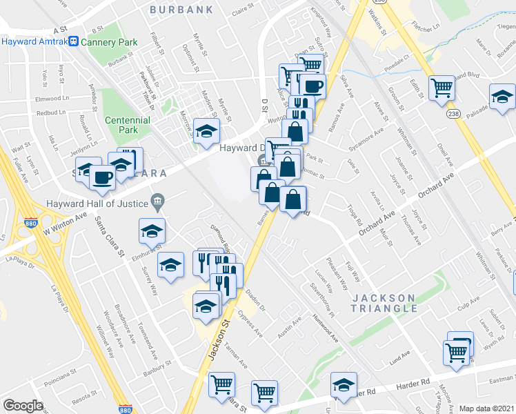 map of restaurants, bars, coffee shops, grocery stores, and more near 24505 Soto Road in Hayward