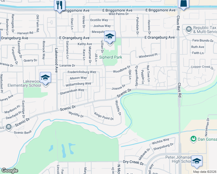 map of restaurants, bars, coffee shops, grocery stores, and more near 3405 Joanna Drive in Modesto