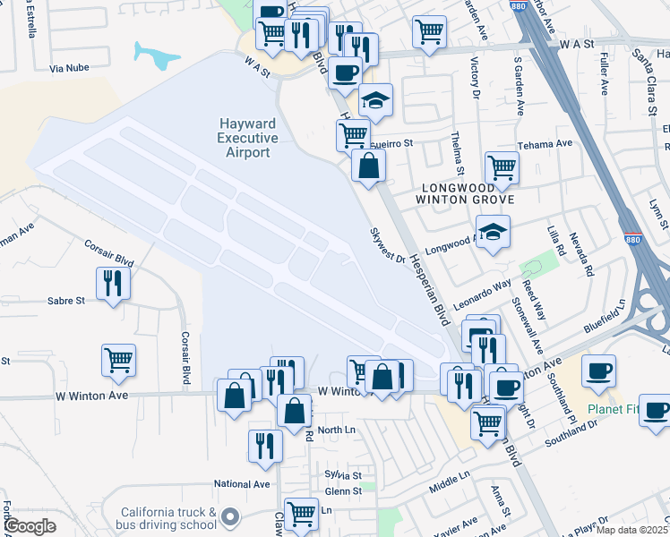 map of restaurants, bars, coffee shops, grocery stores, and more near 20999 Skywest Drive in Hayward